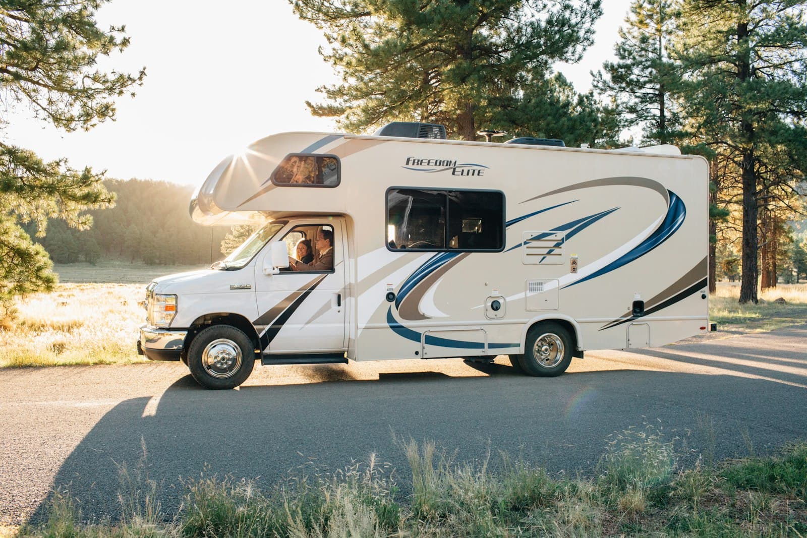 RV parked at golden hour among the pines